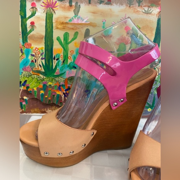 Chinese Laundry, Jungle Gym, Leather Platform Wedge Sandals, Pink/Tan, W Size 7 - Picture 3 of 16